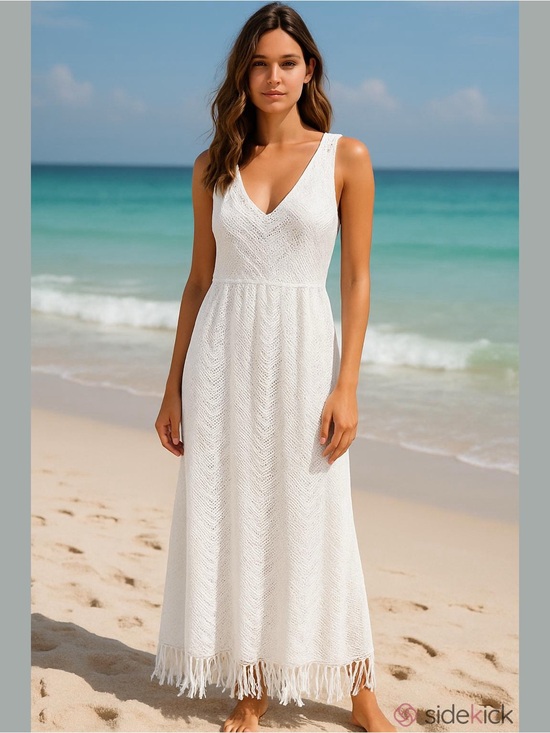 Dresses & Skirts - White V-Neck Crochet Maxi Dress Fringe M Vacation Beach Western Boho